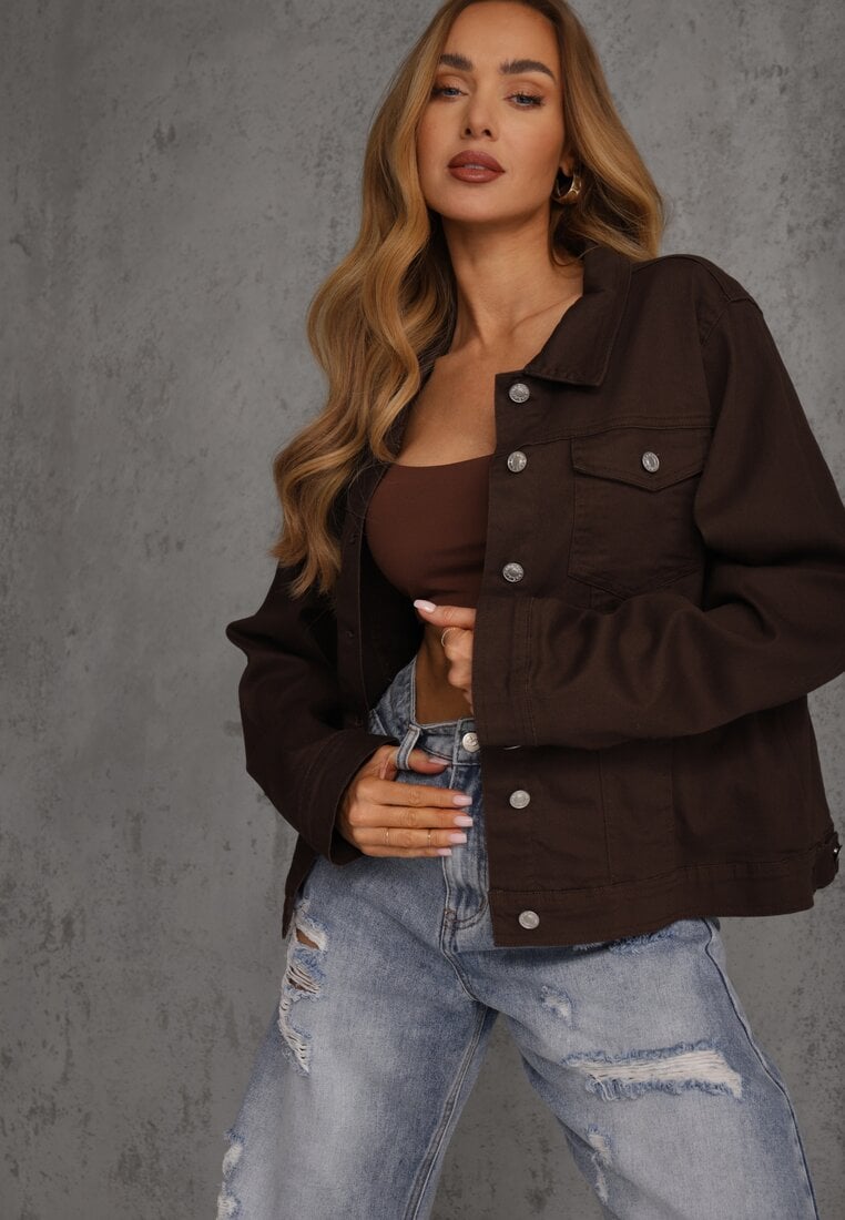Ciemnobrązowa Jeansowa Kurtka z Bawełny Perilopei