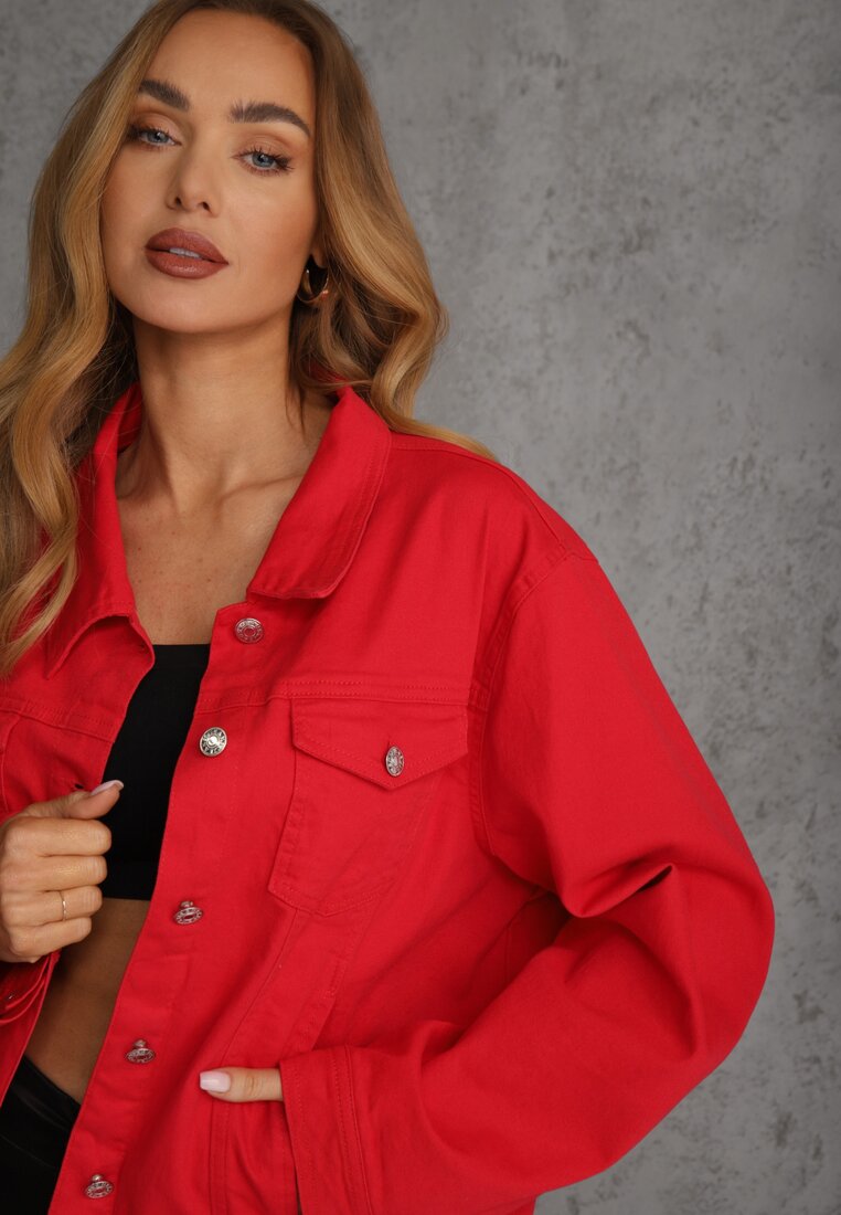 Czerwona Jeansowa Kurtka z Bawełny Perilopei