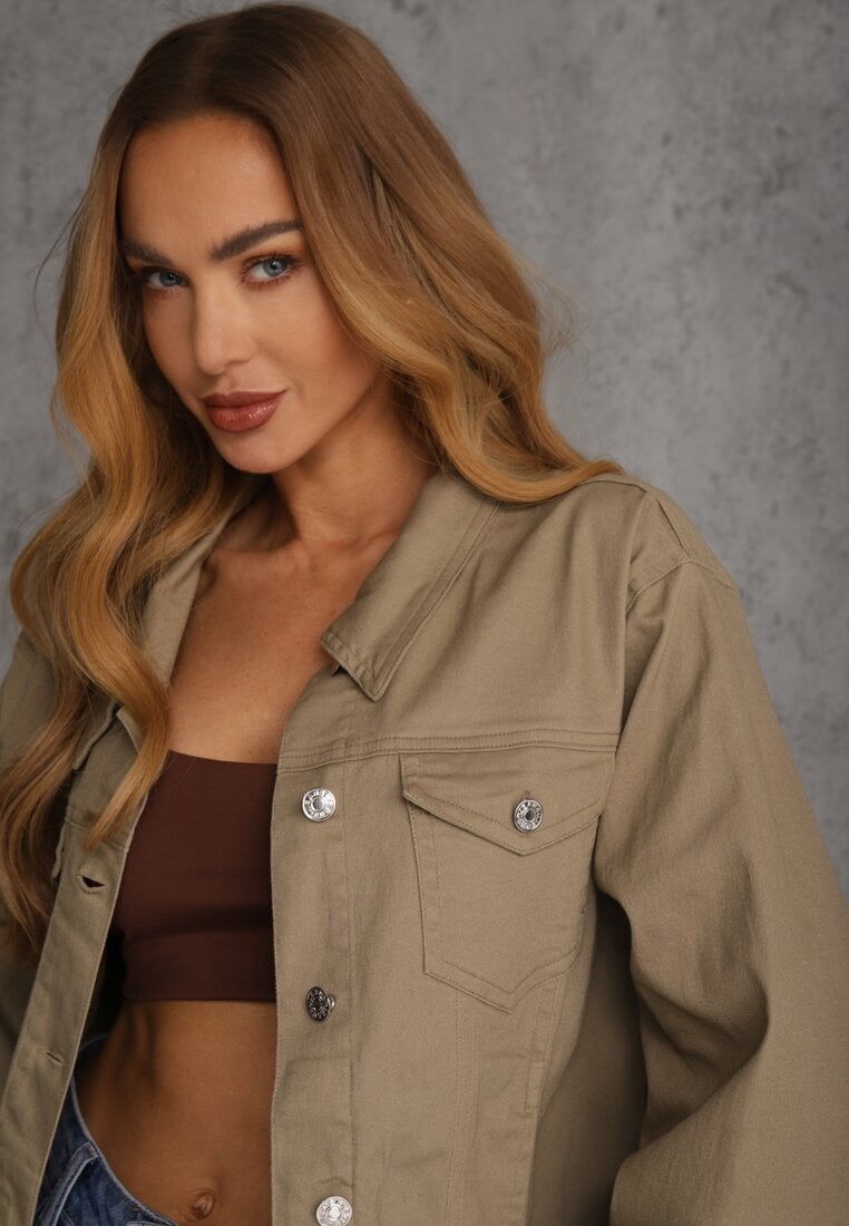 Ciemnobeżowa Jeansowa Kurtka z Bawełny Perilopei