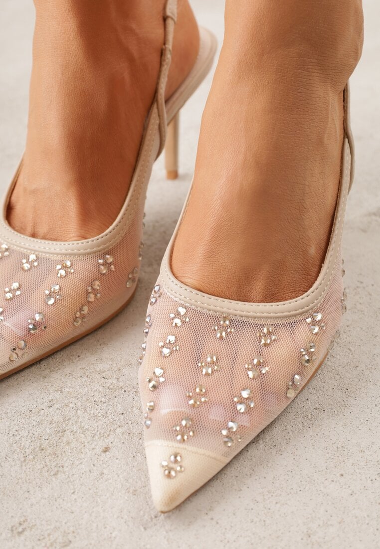 Złote Sandały Slingback na Szpilce z Siateczki Zdobione Cyrkoniami Lilinyra