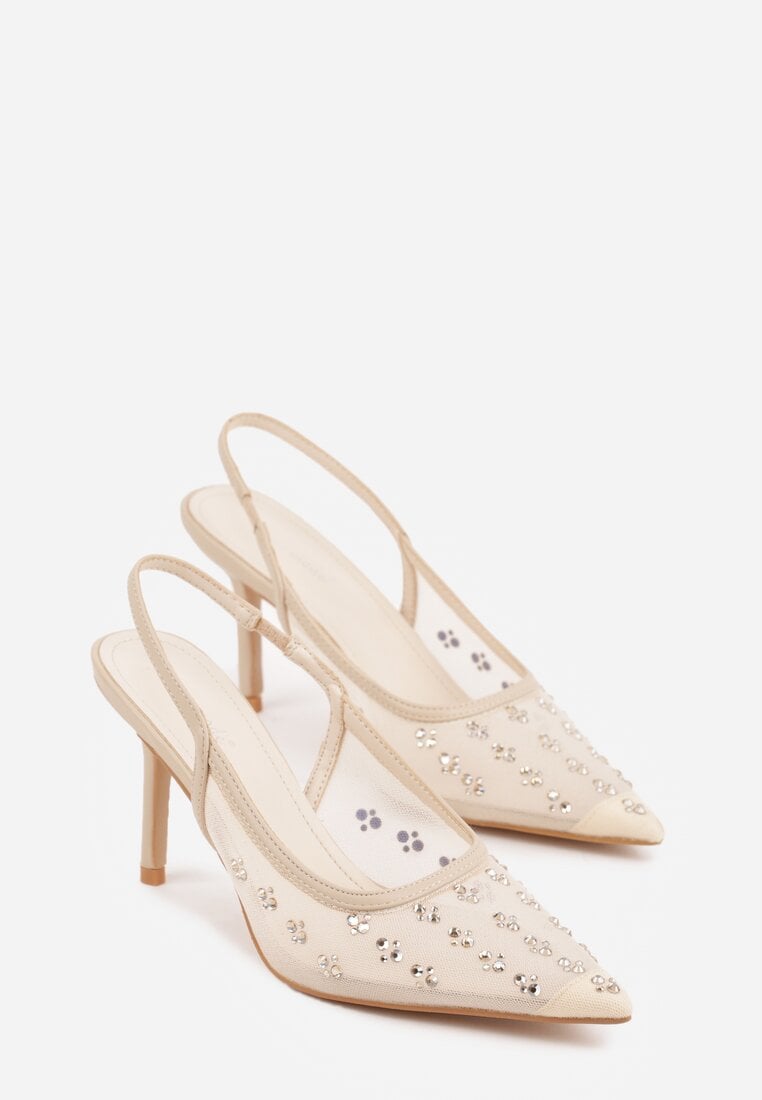 Złote Sandały Slingback na Szpilce z Siateczki Zdobione Cyrkoniami Lilinyra