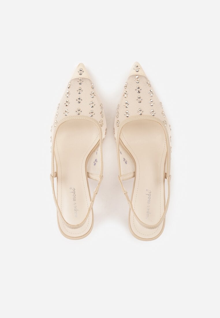 Złote Sandały Slingback na Szpilce z Siateczki Zdobione Cyrkoniami Lilinyra