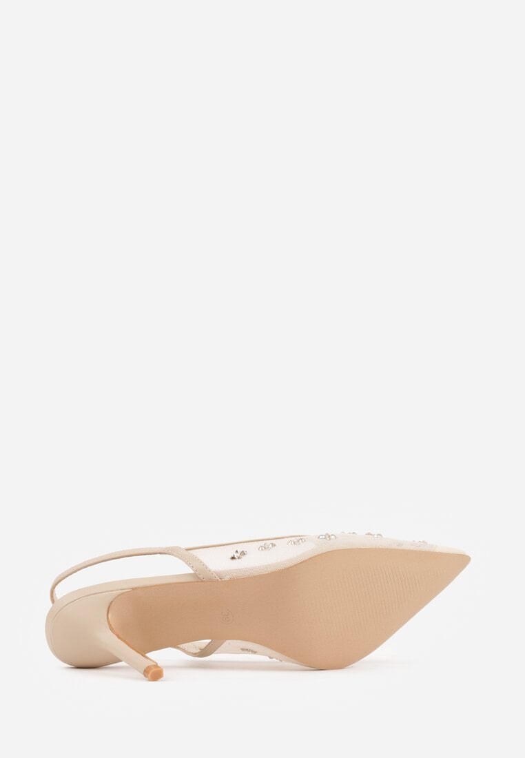 Złote Sandały Slingback na Szpilce z Siateczki Zdobione Cyrkoniami Lilinyra