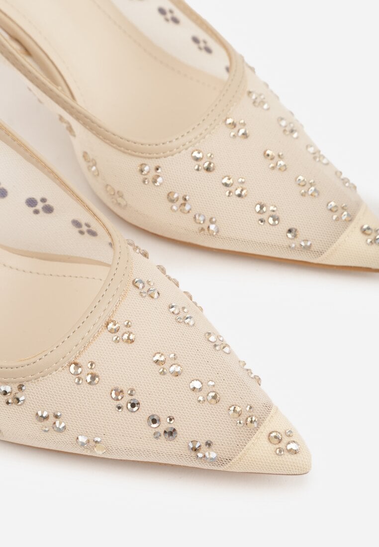 Złote Sandały Slingback na Szpilce z Siateczki Zdobione Cyrkoniami Lilinyra