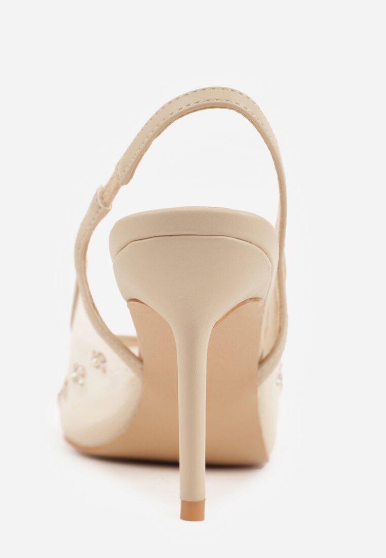 Złote Sandały Slingback na Szpilce z Siateczki Zdobione Cyrkoniami Lilinyra