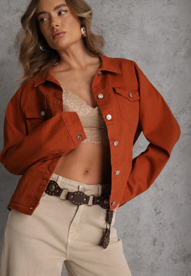 Brązowa Jeansowa Kurtka z Bawełny Perilopei