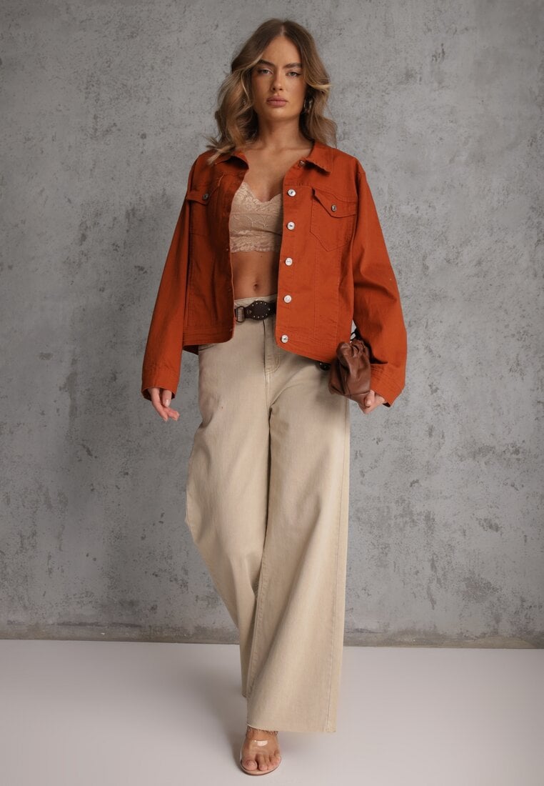 Brązowa Jeansowa Kurtka z Bawełny Perilopei