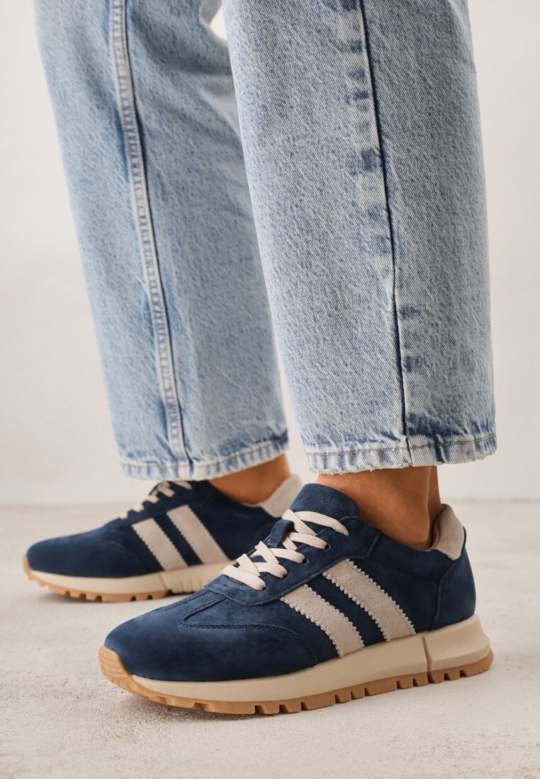 Granatowo-Beżowe Sneakersy ze Skóry Naturalnej z Paskami Kiarre