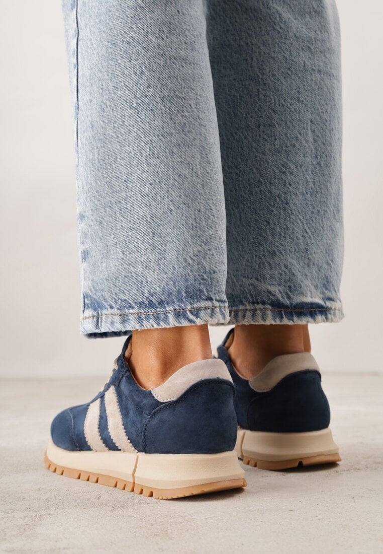 Granatowo-Beżowe Sneakersy ze Skóry Naturalnej z Paskami Kiarre