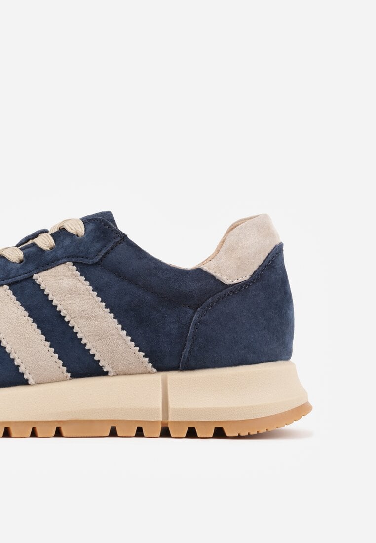 Granatowo-Beżowe Sneakersy ze Skóry Naturalnej z Paskami Kiarre