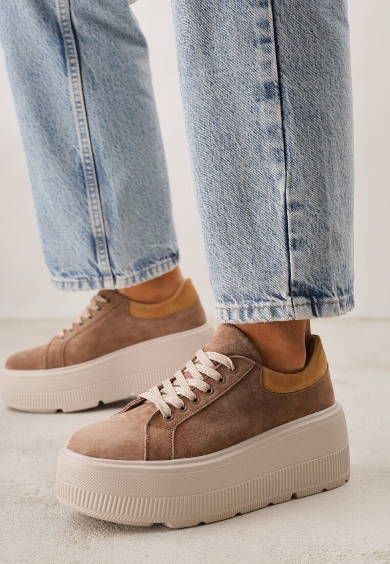 Brązowe Sneakersy na Platformie z Naturalnego Zamszu Latavesa