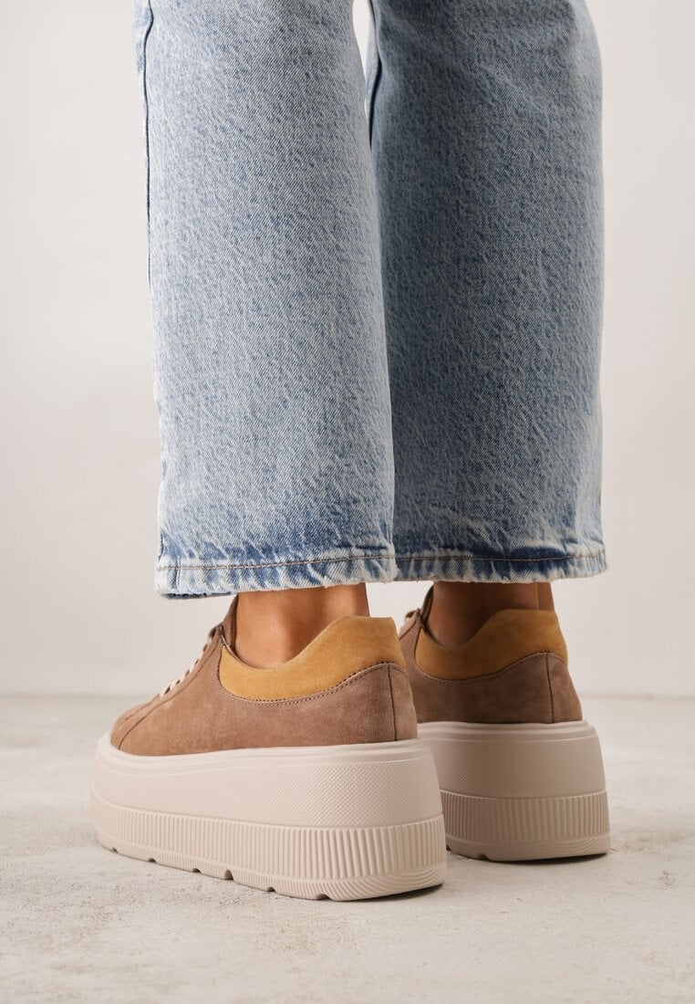 Brązowe Sneakersy na Platformie z Naturalnego Zamszu Latavesa