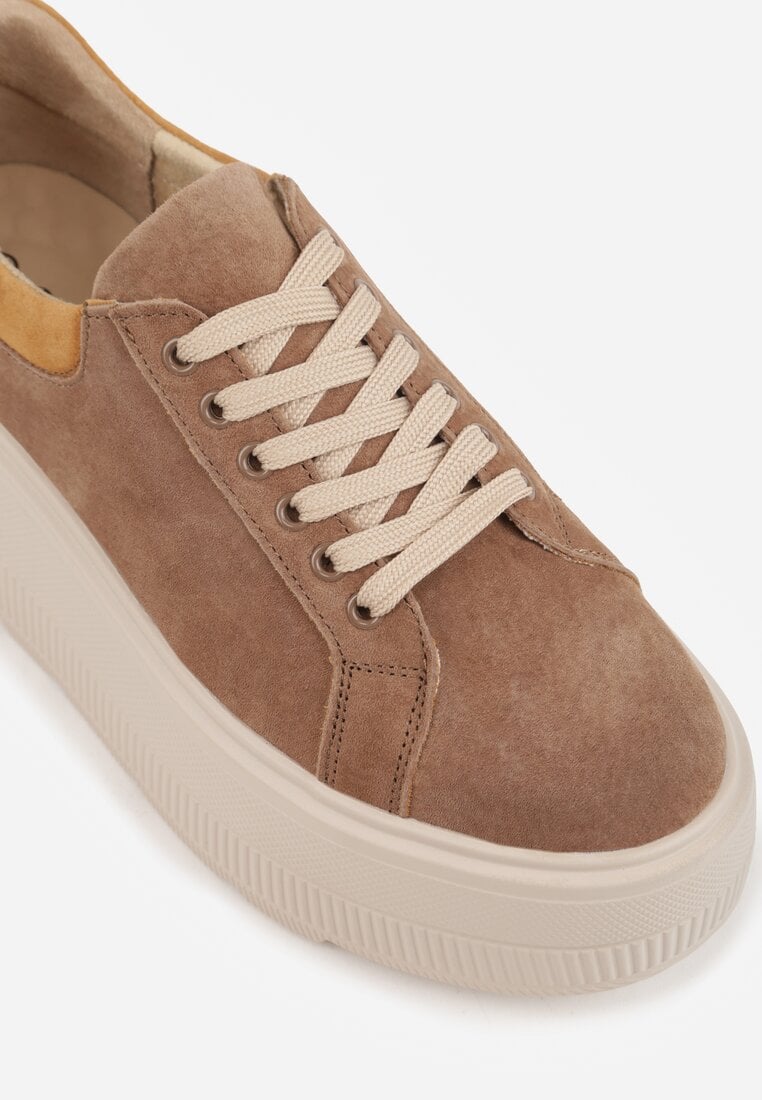 Brązowe Sneakersy na Platformie z Naturalnego Zamszu Latavesa