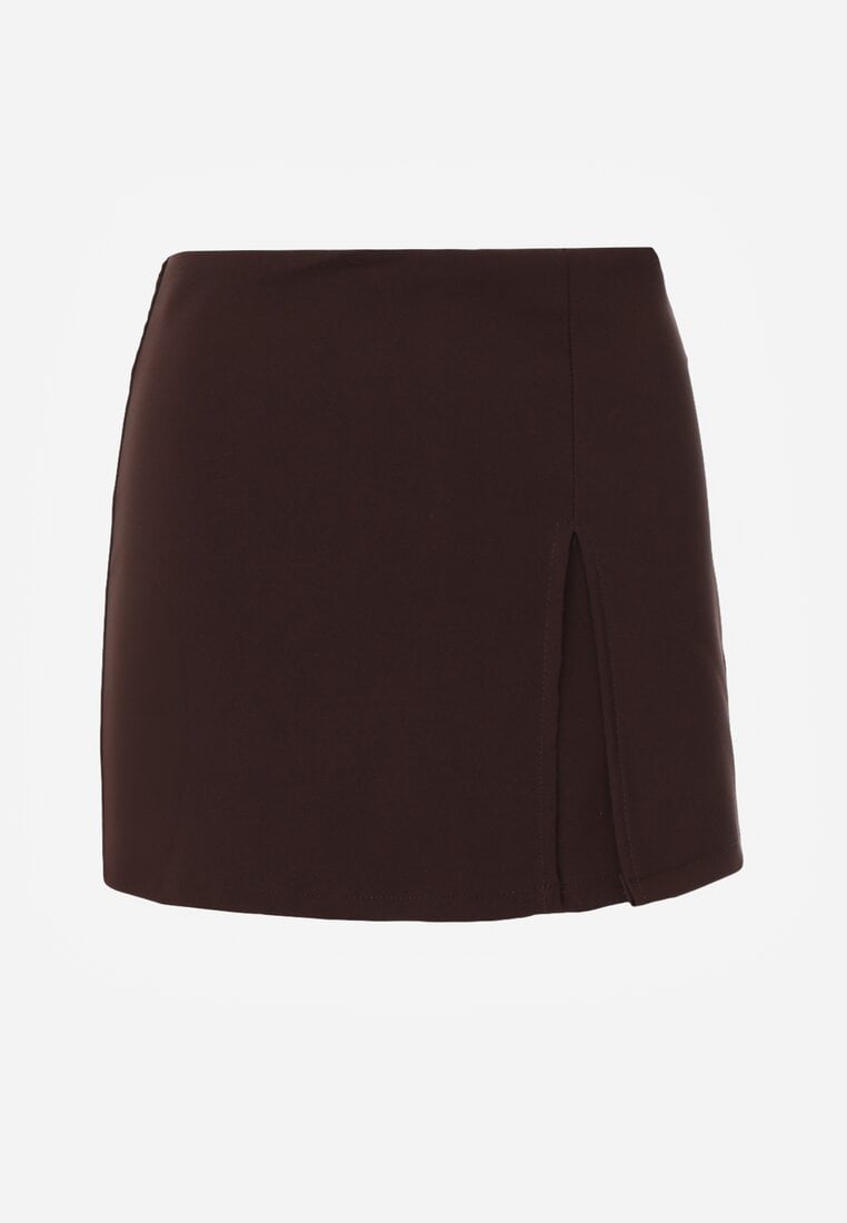 Brązowe Spódnico-Spodenki High Waist z Ozdobnym Rozcięciem Sinessei