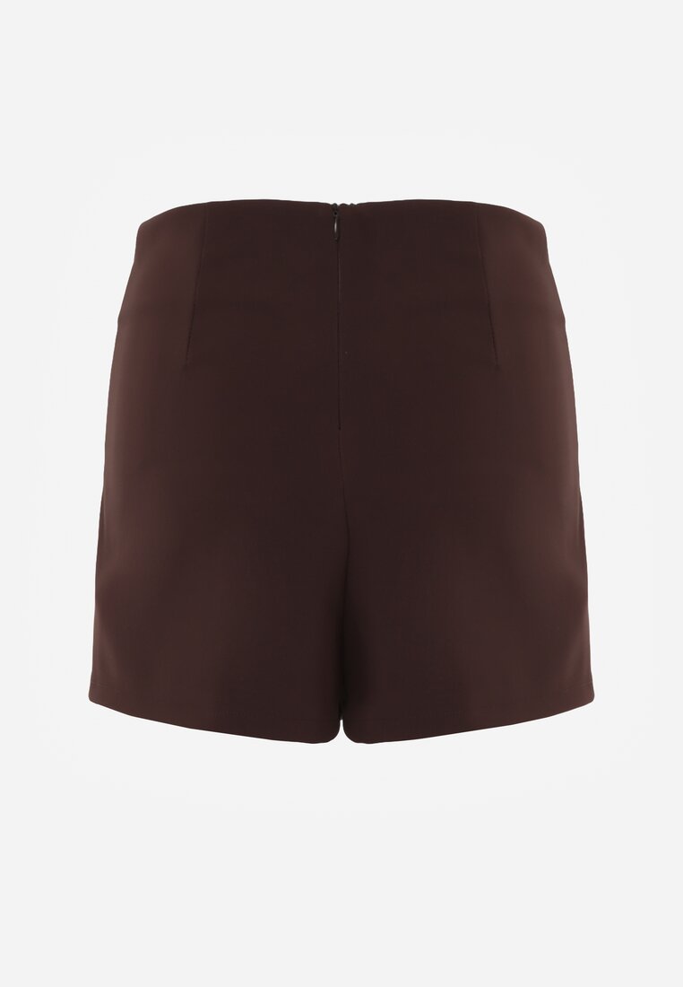 Brązowe Spódnico-Spodenki High Waist z Ozdobnym Rozcięciem Sinessei