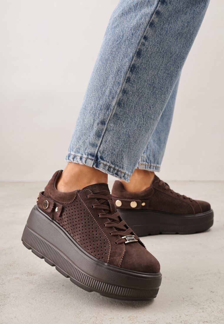 Ciemnobrązowe Perforowane Sneakersy ze Skóry Naturalnej na Platformie i Koturnie Risyla