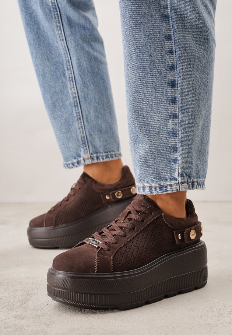 Ciemnobrązowe Perforowane Sneakersy ze Skóry Naturalnej na Platformie i Koturnie Risyla