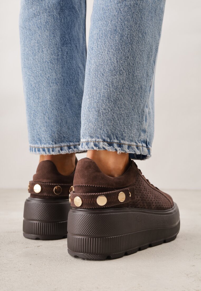 Ciemnobrązowe Perforowane Sneakersy ze Skóry Naturalnej na Platformie i Koturnie Risyla