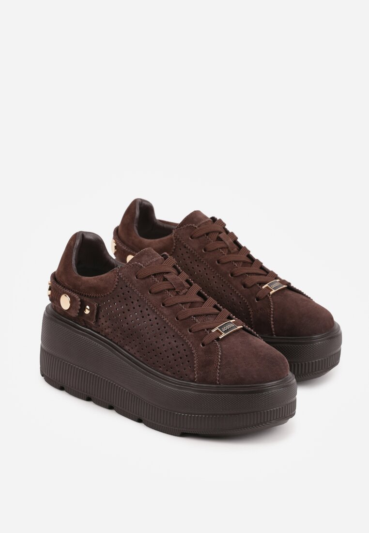 Ciemnobrązowe Perforowane Sneakersy ze Skóry Naturalnej na Platformie i Koturnie Risyla