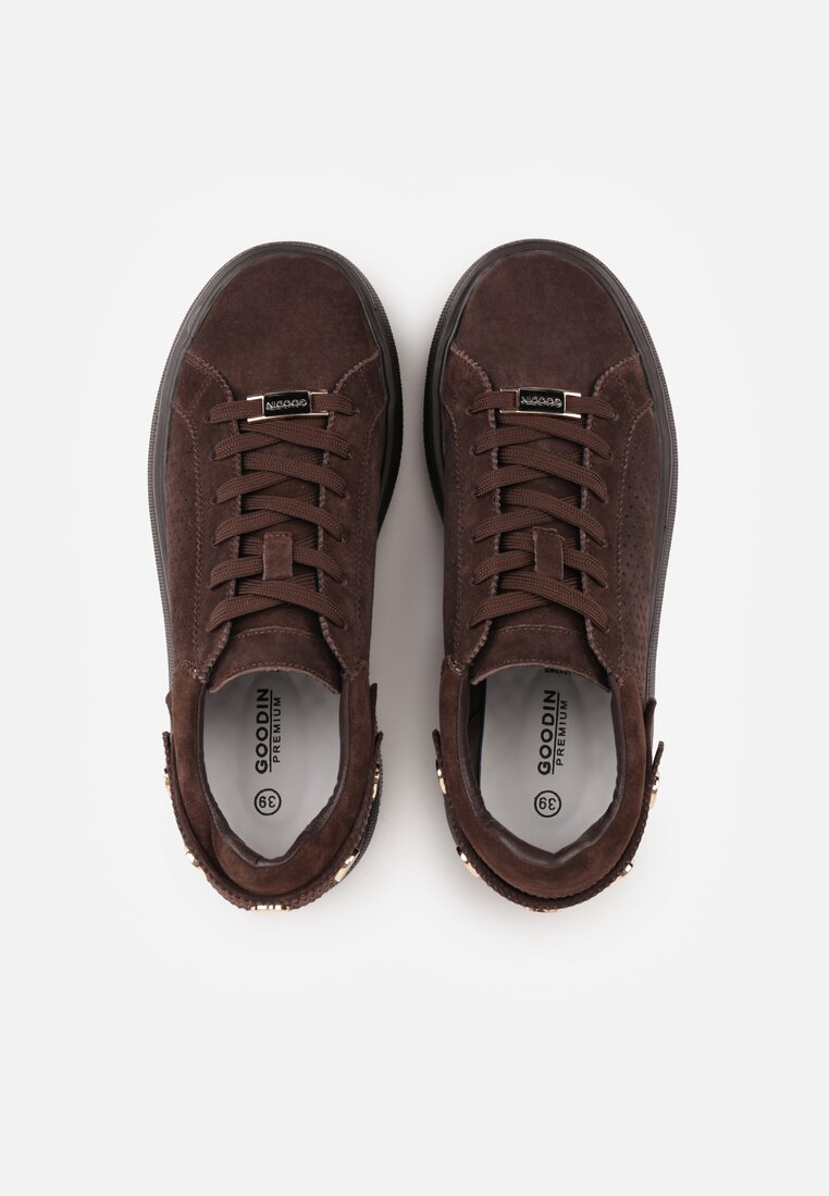 Ciemnobrązowe Perforowane Sneakersy ze Skóry Naturalnej na Platformie i Koturnie Risyla