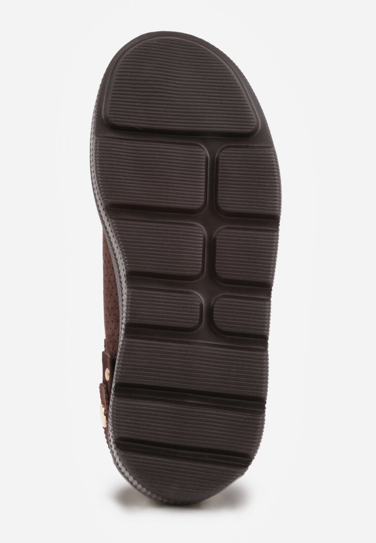 Ciemnobrązowe Perforowane Sneakersy ze Skóry Naturalnej na Platformie i Koturnie Risyla