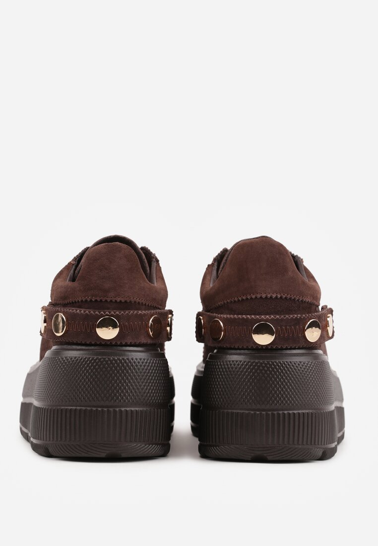 Ciemnobrązowe Perforowane Sneakersy ze Skóry Naturalnej na Platformie i Koturnie Risyla