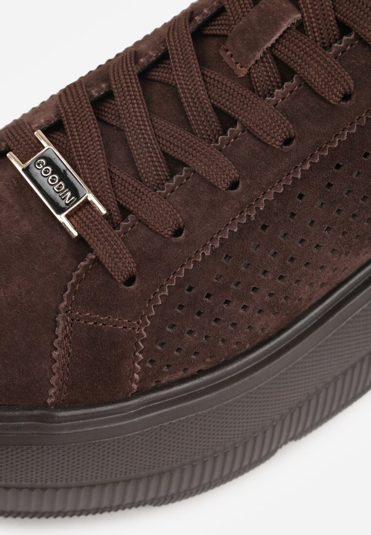 Ciemnobrązowe Perforowane Sneakersy ze Skóry Naturalnej na Platformie i Koturnie Risyla