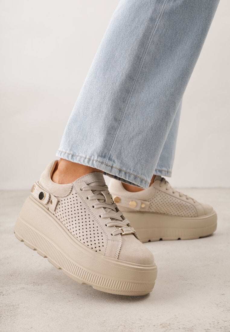 Beżowe Perforowane Sneakersy ze Skóry Naturalnej na Platformie i Koturnie Risyla