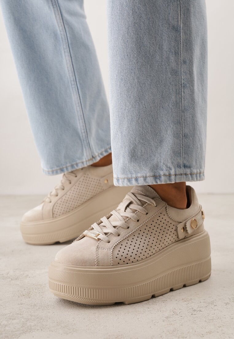 Beżowe Perforowane Sneakersy ze Skóry Naturalnej na Platformie i Koturnie Risyla