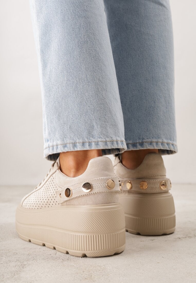 Beżowe Perforowane Sneakersy ze Skóry Naturalnej na Platformie i Koturnie Risyla