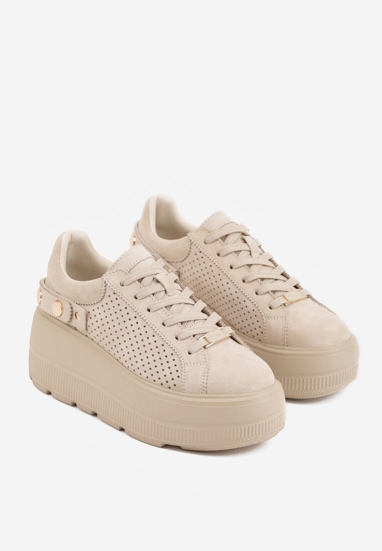 Beżowe Perforowane Sneakersy ze Skóry Naturalnej na Platformie i Koturnie Risyla
