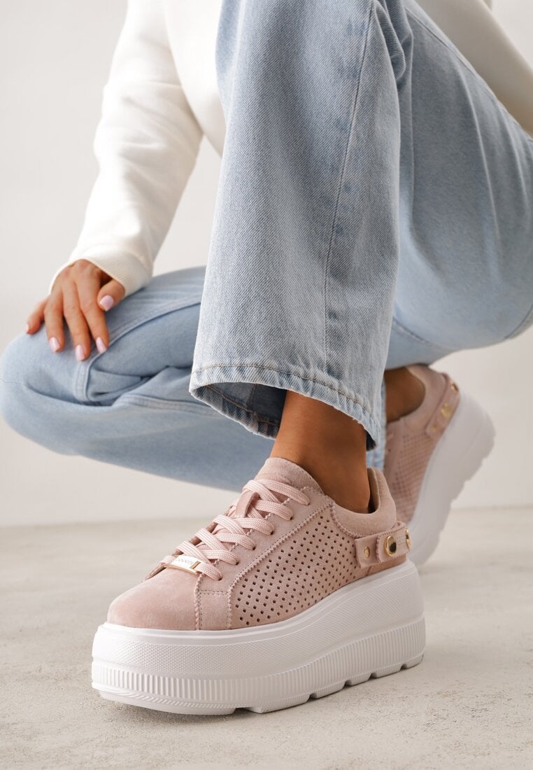 Różowe Perforowane Sneakersy ze Skóry Naturalnej na Platformie i Koturnie Risyla