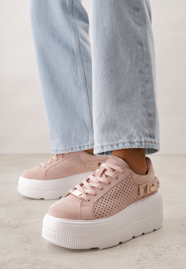Różowe Perforowane Sneakersy ze Skóry Naturalnej na Platformie i Koturnie Risyla