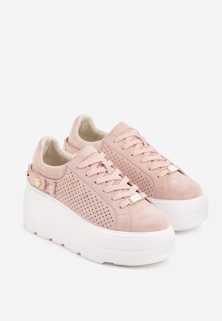Różowe Perforowane Sneakersy ze Skóry Naturalnej na Platformie i Koturnie Risyla