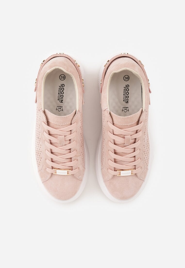 Różowe Perforowane Sneakersy ze Skóry Naturalnej na Platformie i Koturnie Risyla