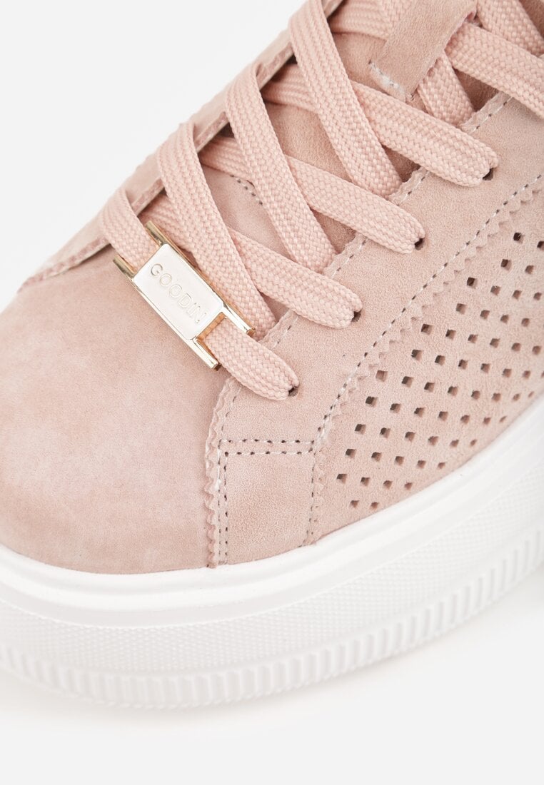 Różowe Perforowane Sneakersy ze Skóry Naturalnej na Platformie i Koturnie Risyla