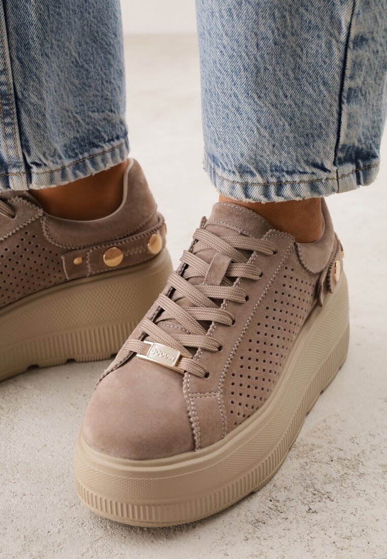 Ciemnobeżowe Perforowane Sneakersy ze Skóry Naturalnej na Platformie i Koturnie Risyla