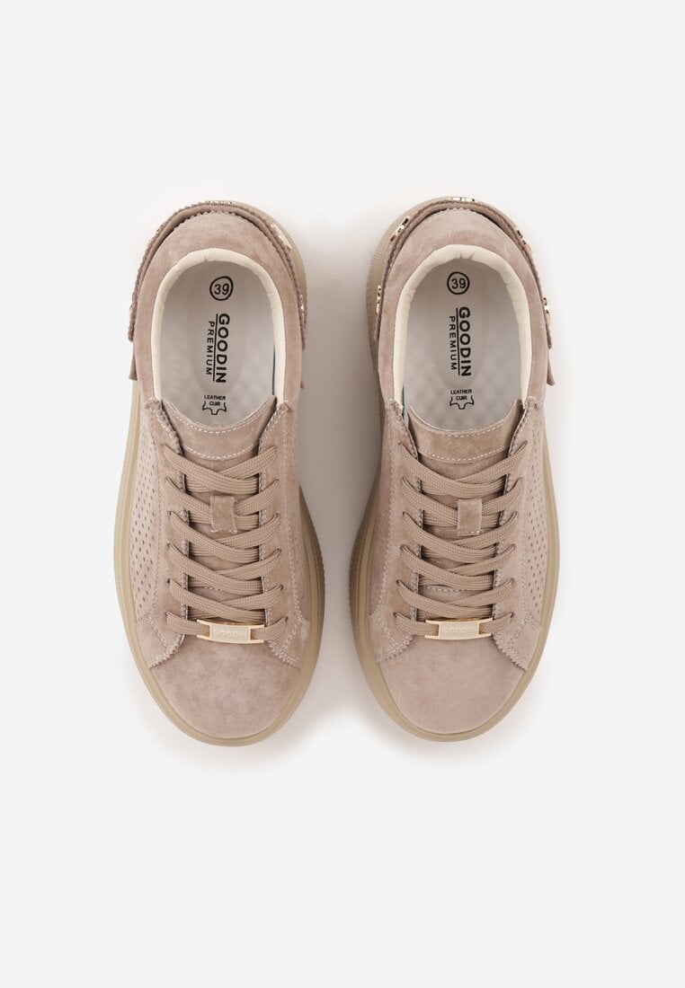 Ciemnobeżowe Perforowane Sneakersy ze Skóry Naturalnej na Platformie i Koturnie Risyla