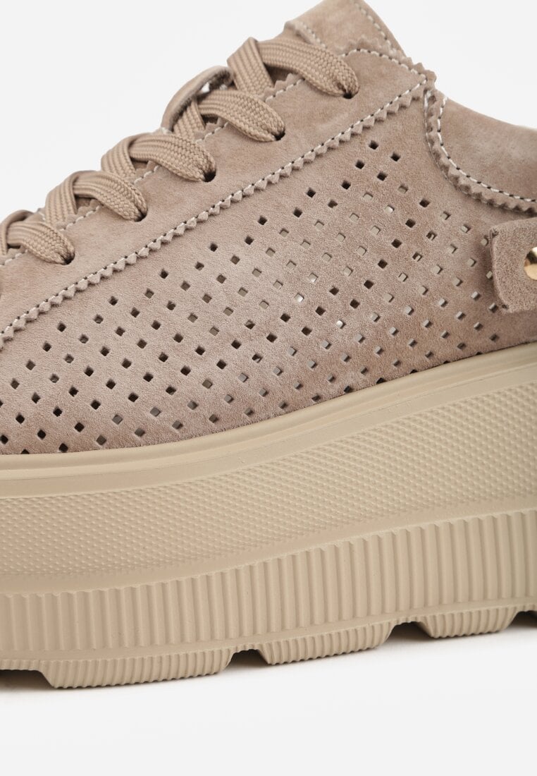 Ciemnobeżowe Perforowane Sneakersy ze Skóry Naturalnej na Platformie i Koturnie Risyla