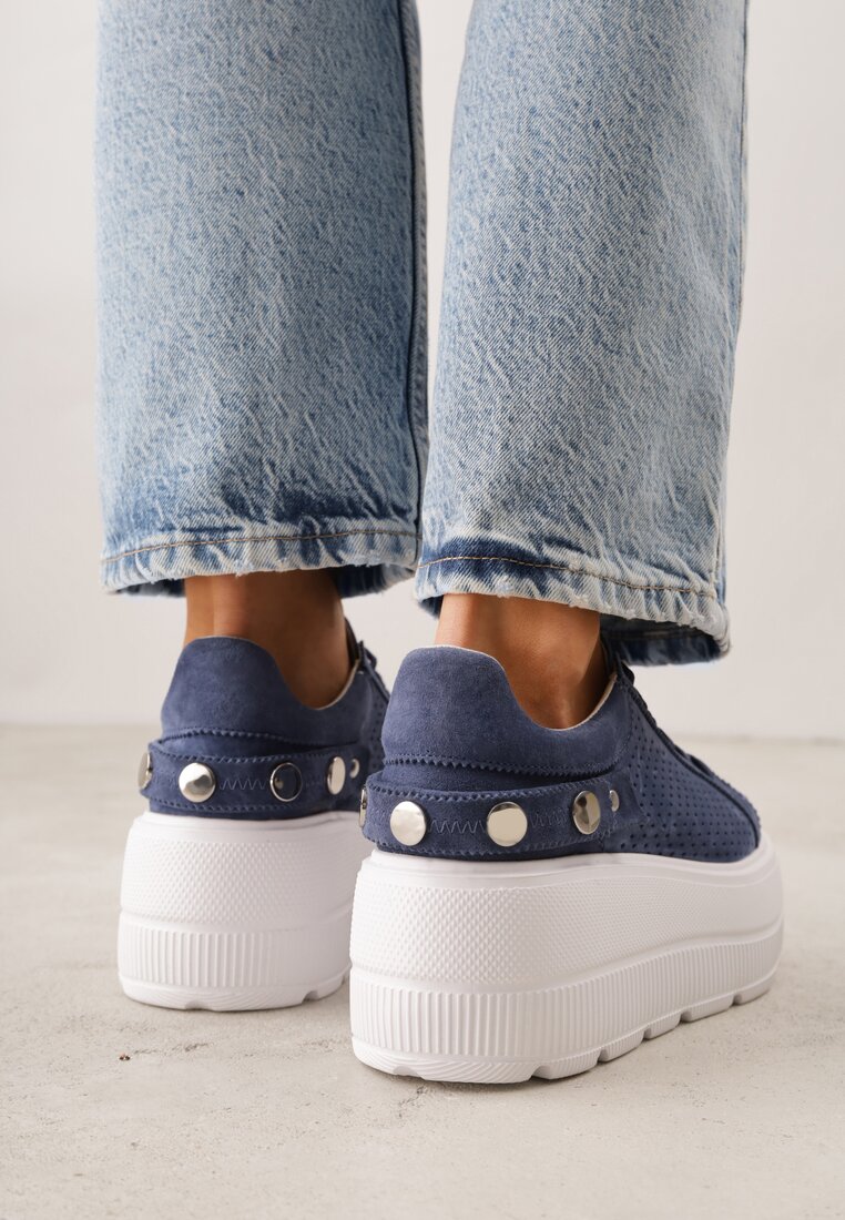 Granatowe Perforowane Sneakersy ze Skóry Naturalnej na Platformie i Koturnie Risyla