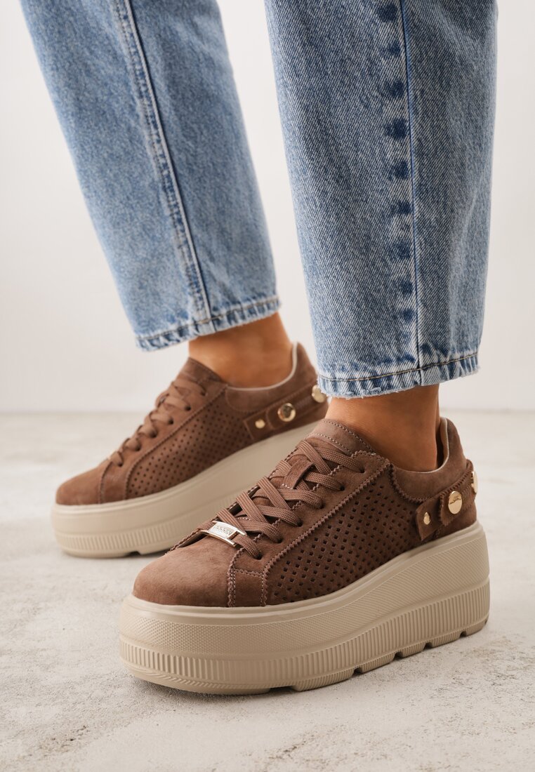 Brązowe Perforowane Sneakersy ze Skóry Naturalnej na Platformie i Koturnie Risyla
