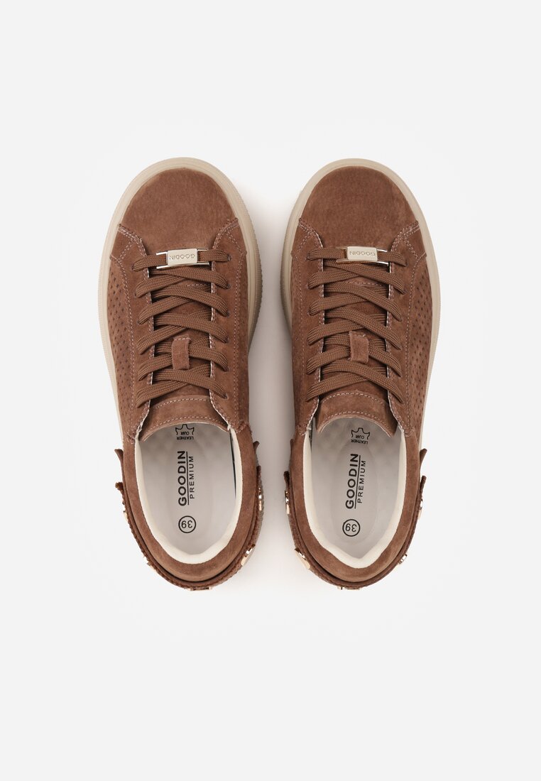 Brązowe Perforowane Sneakersy ze Skóry Naturalnej na Platformie i Koturnie Risyla