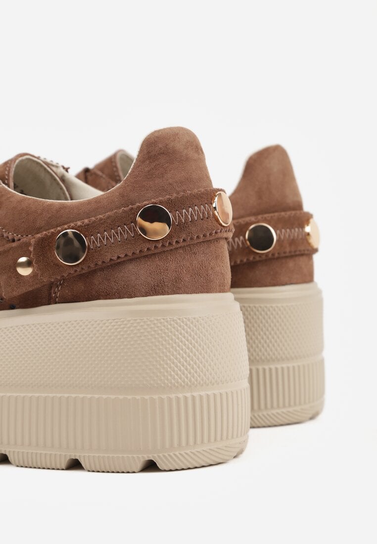 Brązowe Perforowane Sneakersy ze Skóry Naturalnej na Platformie i Koturnie Risyla