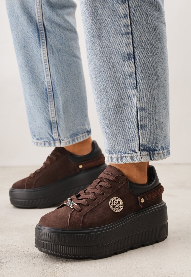 Brązowe Skórzane Sneakersy na Platformie z Aplikacją i Plecionym Paskiem Kaphophai