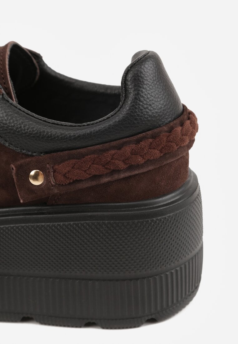 Brązowe Skórzane Sneakersy na Platformie z Aplikacją i Plecionym Paskiem Kaphophai