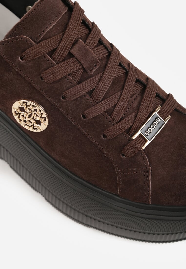 Brązowe Skórzane Sneakersy na Platformie z Aplikacją i Plecionym Paskiem Kaphophai