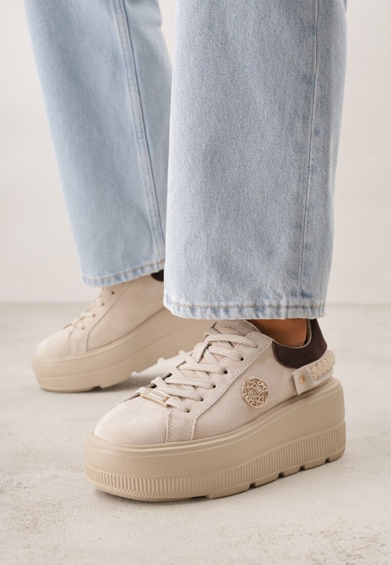 Beżowe Skórzane Sneakersy na Platformie z Aplikacją i Plecionym Paskiem Kaphophai