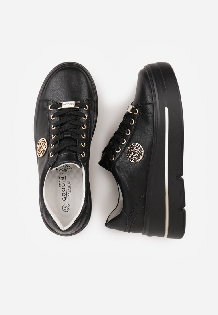 Czarne Skórzane Sneakersy na Koturnie Ozdobione Metalicznymi Aplikacjami Acaledice