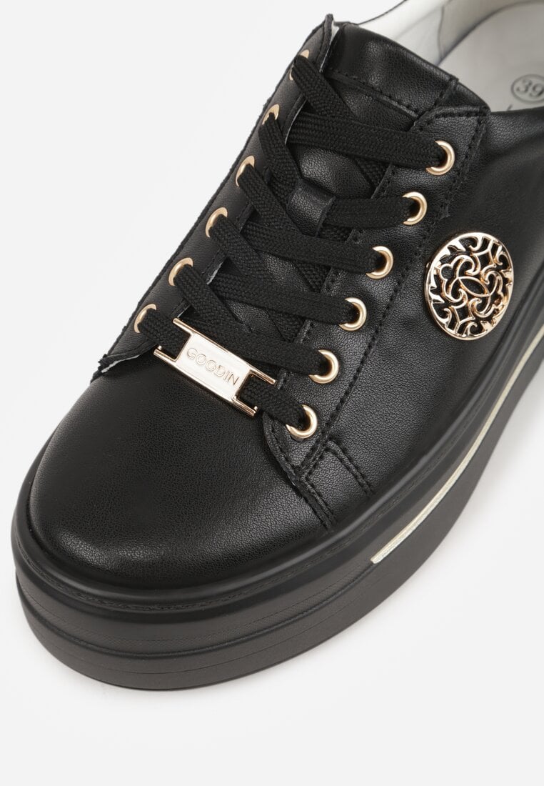 Czarne Skórzane Sneakersy na Koturnie Ozdobione Metalicznymi Aplikacjami Acaledice