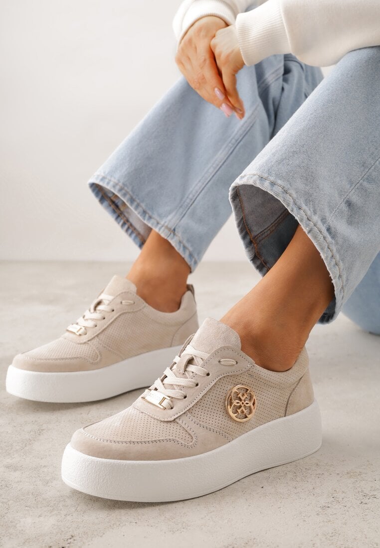 Beżowe Skórzane Sneakersy na Platformie z Metaliczną Aplikacją Idapheosis
